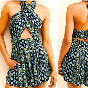 Free People Black and Blue Patterned Jumpsuit